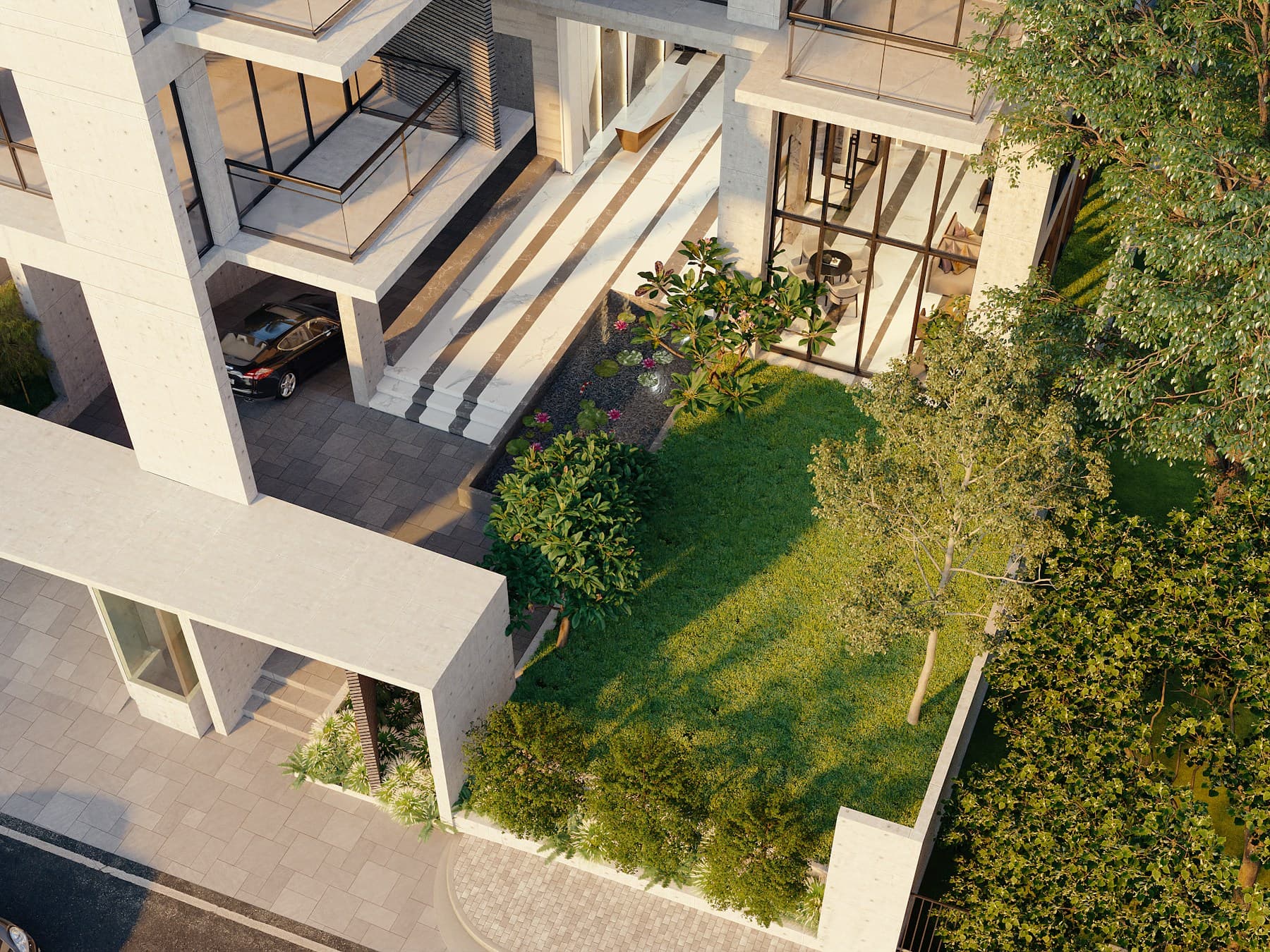 Sfeerbeeld van een moderne buitenruimte met een strak aangelegde tuin